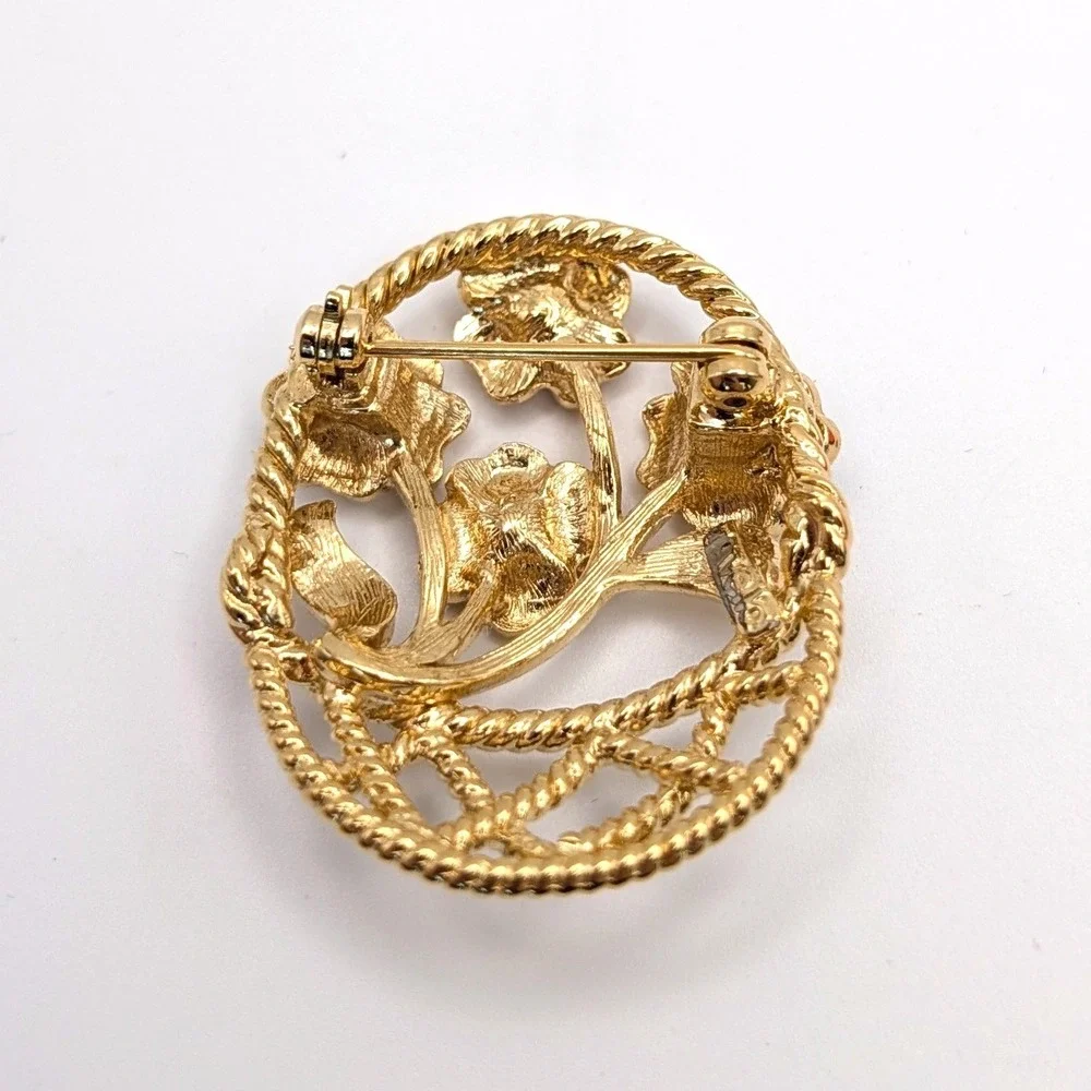 Marvella Flower Basket Brooch Vintage Enamel Faux Pearl Gold Tone Pin 1.5
